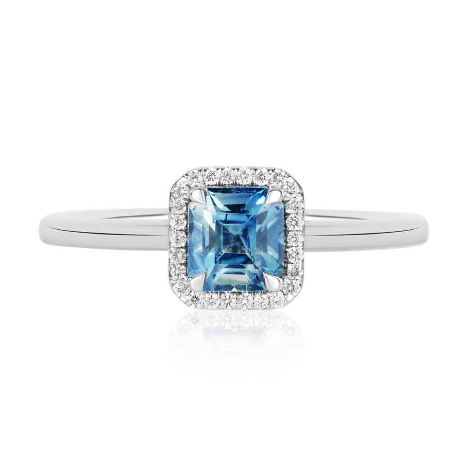 Platinum Asscher Cut Teal Sapphire and Diamond Halo Ring Thumbnail Image 1