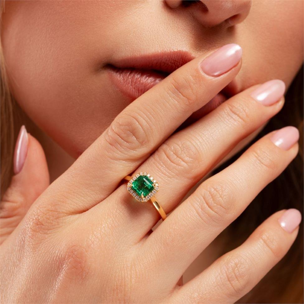 18ct Yellow Gold Asscher Cut Emerald and Diamond Halo Engagement Ring Thumbnail Image 1