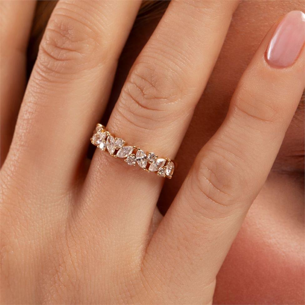 18ct Yellow Gold Marquise and Round Diamond Half Eternity Ring Thumbnail Image 1