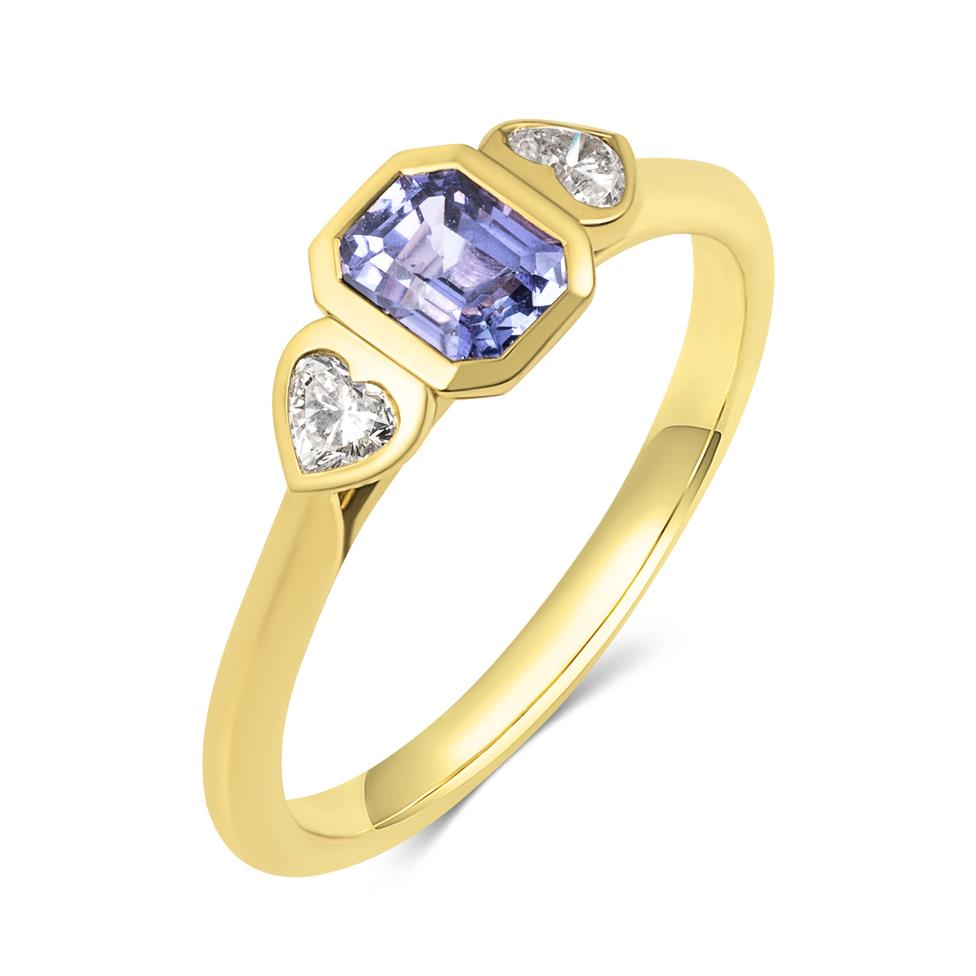 18ct Yellow Gold Emerald Cut Violet Sapphire and Diamond Engagement Ring Thumbnail Image 0