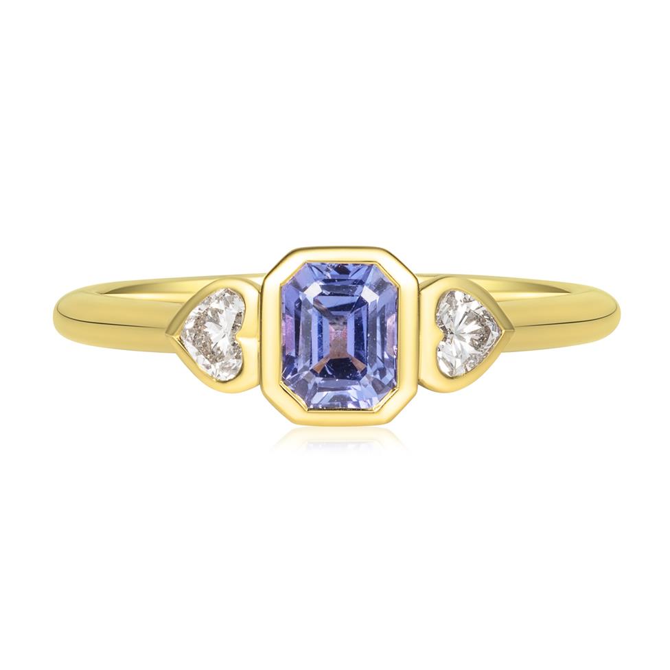 18ct Yellow Gold Emerald Cut Violet Sapphire and Diamond Engagement Ring Thumbnail Image 1