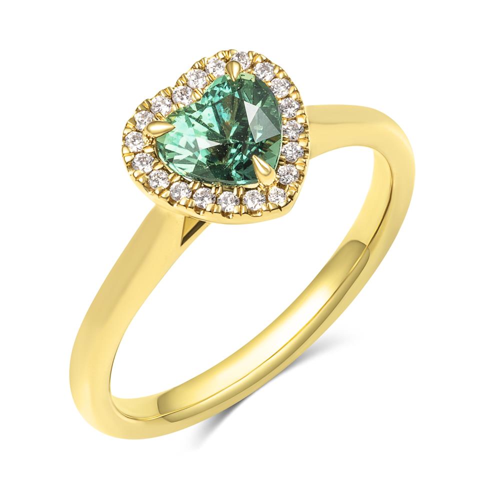 18ct Yellow Gold Heart Green Sapphire Halo Engagement Ring Thumbnail Image 0