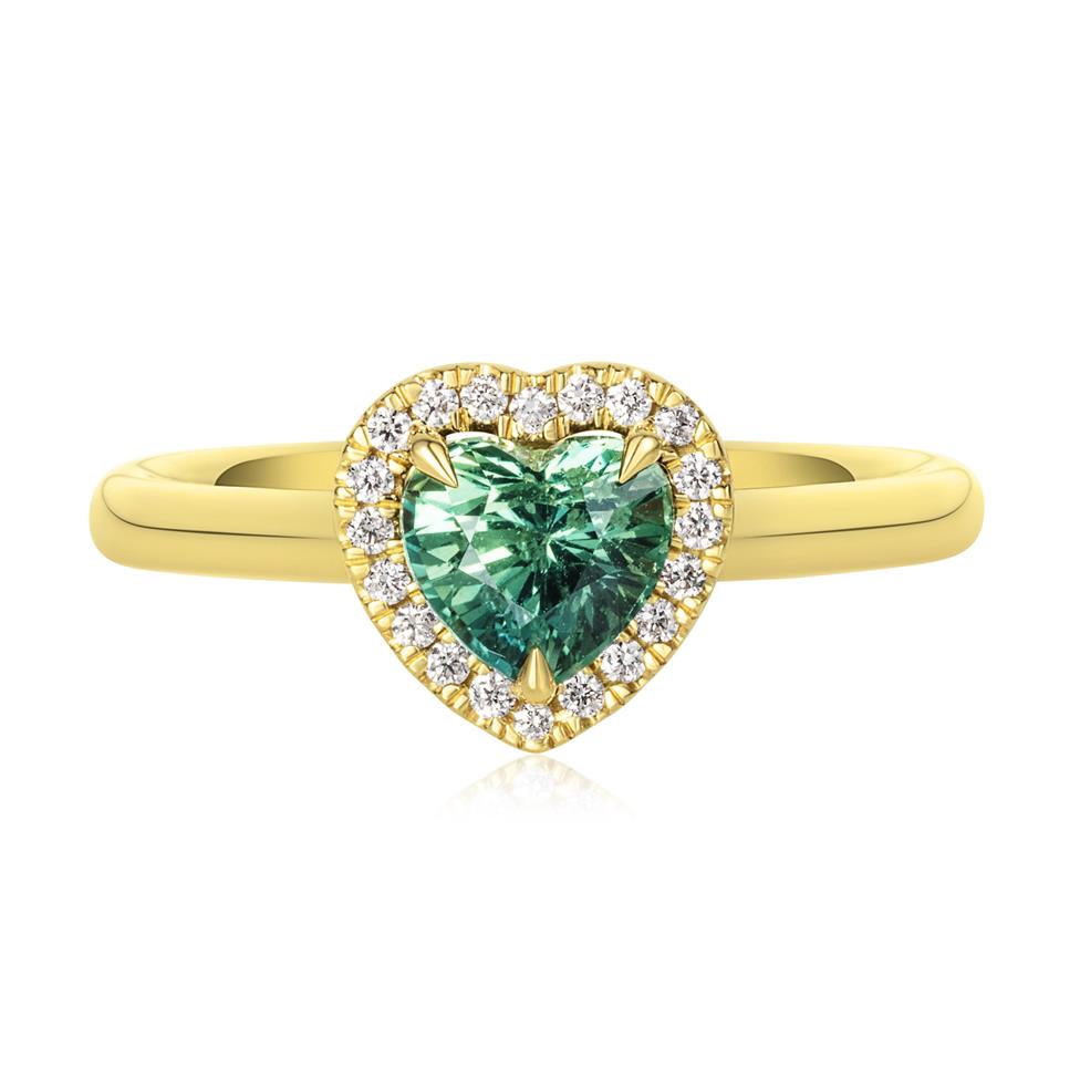 18ct Yellow Gold Heart Green Sapphire Halo Engagement Ring Thumbnail Image 1