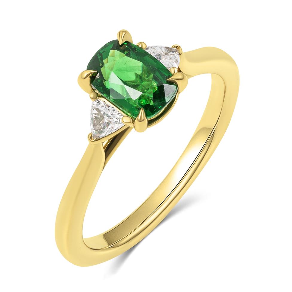 18ct Yellow Gold Cushion Cut Tsavorite and Diamond Engagement Ring Thumbnail Image 0