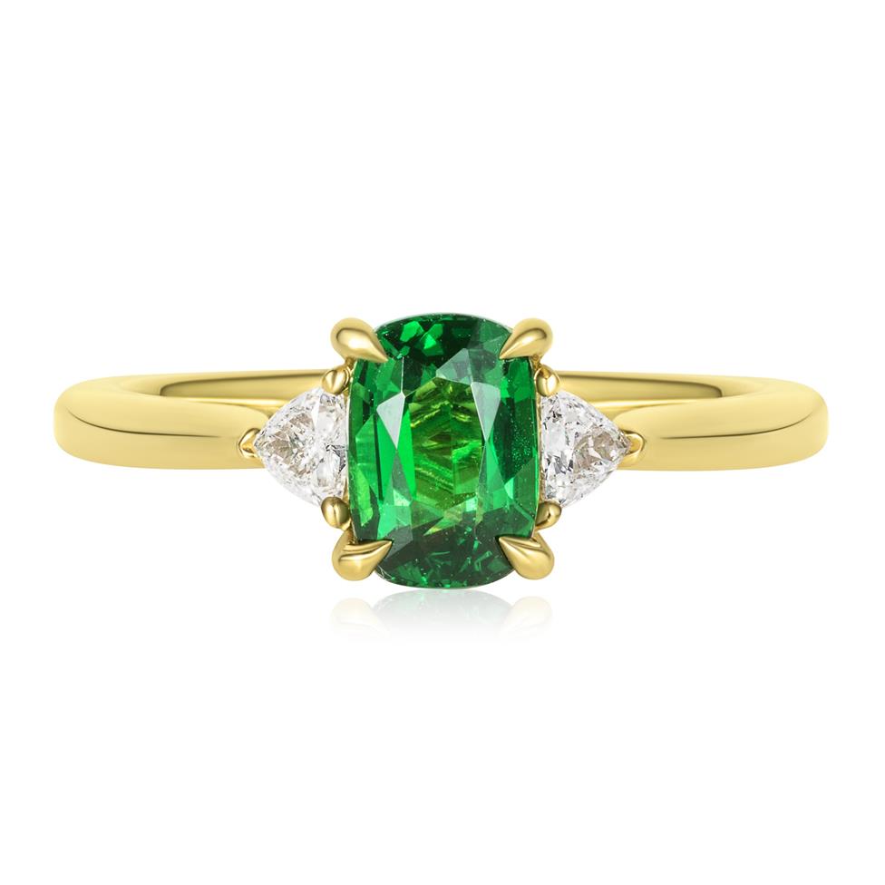18ct Yellow Gold Cushion Cut Tsavorite and Diamond Engagement Ring Thumbnail Image 1