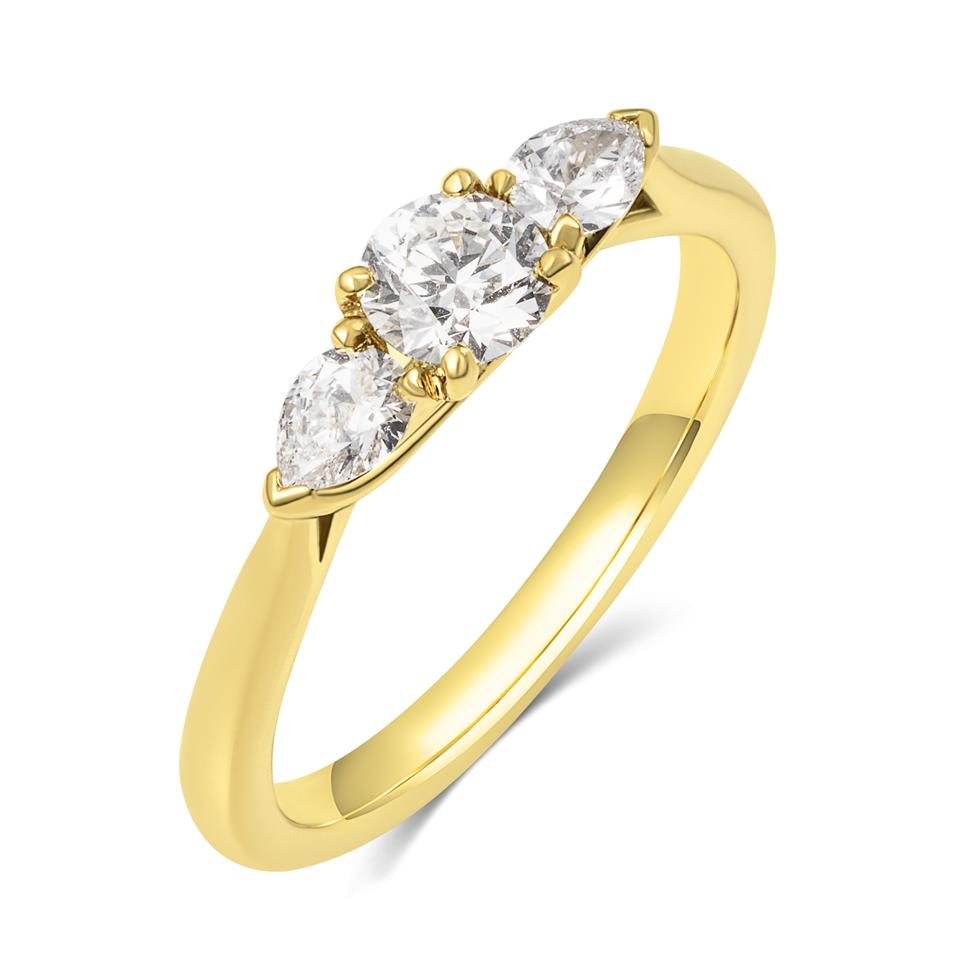 18ct Yellow Gold Round and Pear Shape Diamond Three Stone Engagement Ring 0.62ct Thumbnail Image 0