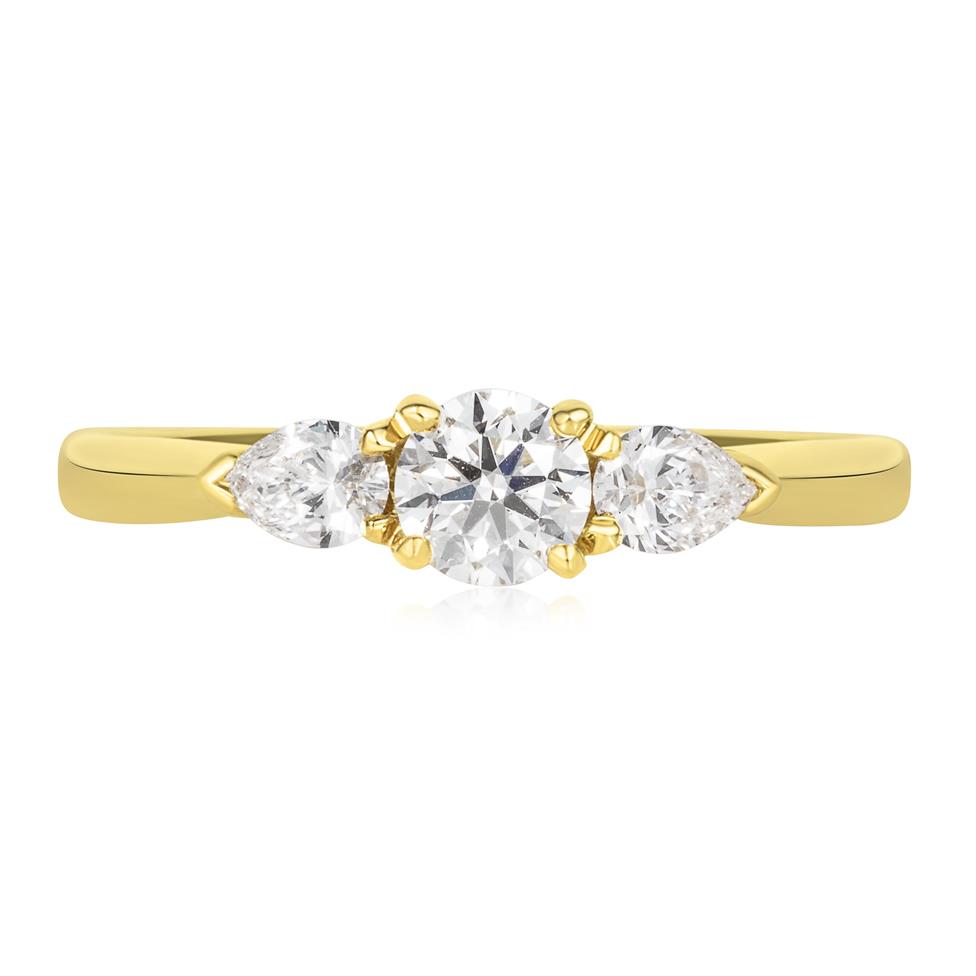 18ct Yellow Gold Round and Pear Shape Diamond Three Stone Engagement Ring 0.62ct Thumbnail Image 1