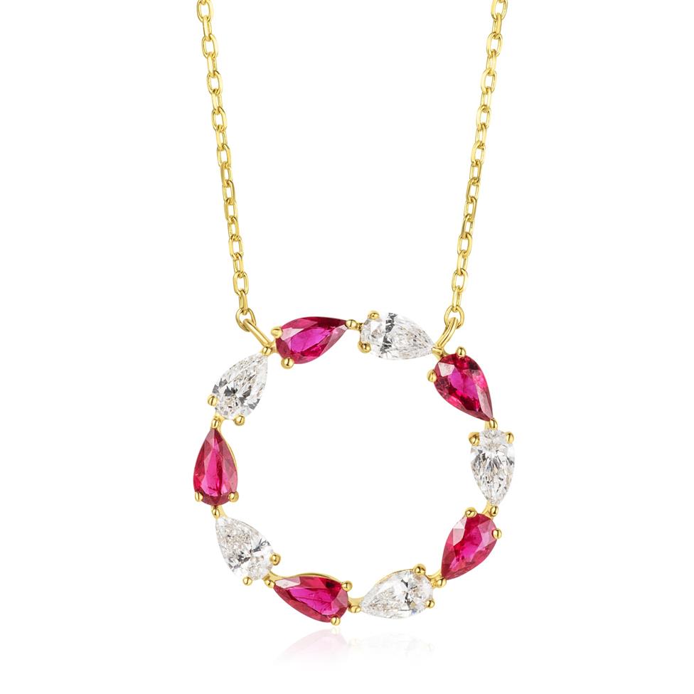 Aurora Yellow Gold Ruby and Diamond Circle Necklace Thumbnail Image 0
