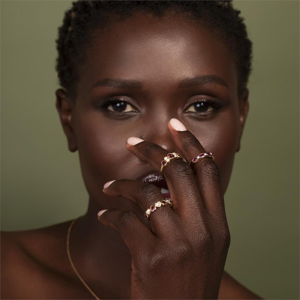 18ct Yellow Gold Oval Ruby and Diamond Half Eternity Ring Thumbnail Image 1