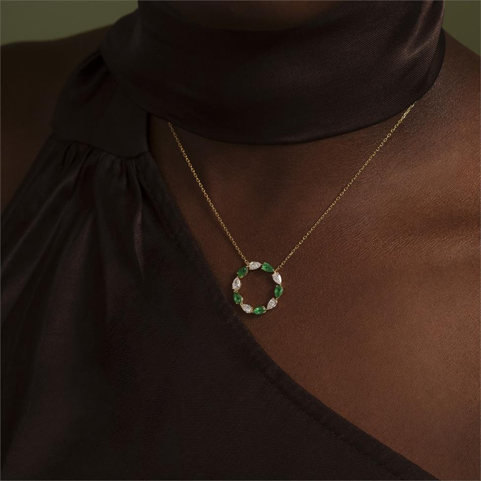 Aurora Yellow Gold Emerald and Diamond Circle Necklace Thumbnail Image 4