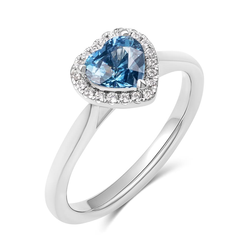 Platinum Heart Teal Sapphire Halo Engagement Ring Thumbnail Image 0
