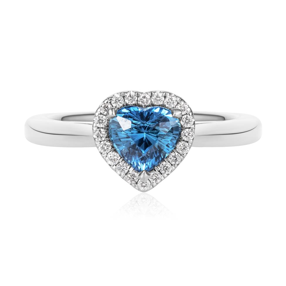 Platinum Heart Teal Sapphire Halo Engagement Ring Thumbnail Image 2