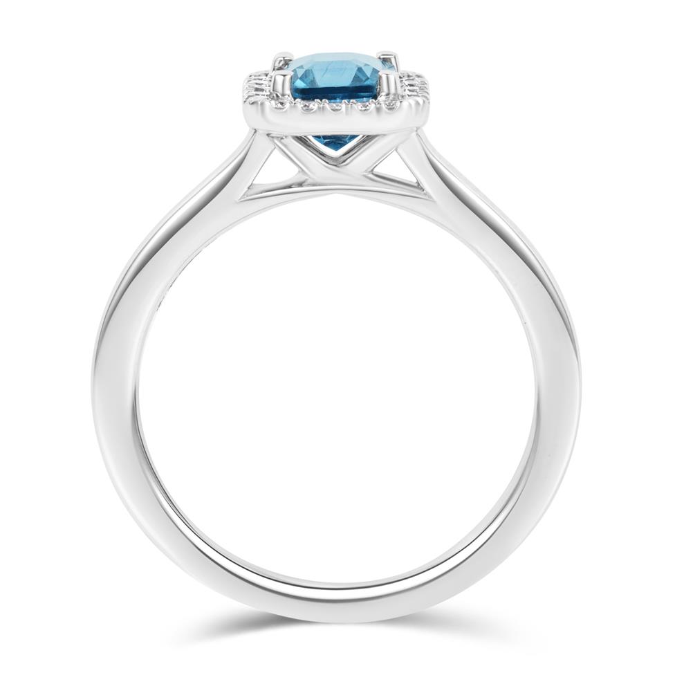 Platinum Asscher Cut Teal Sapphire and Diamond Halo Ring Thumbnail Image 3