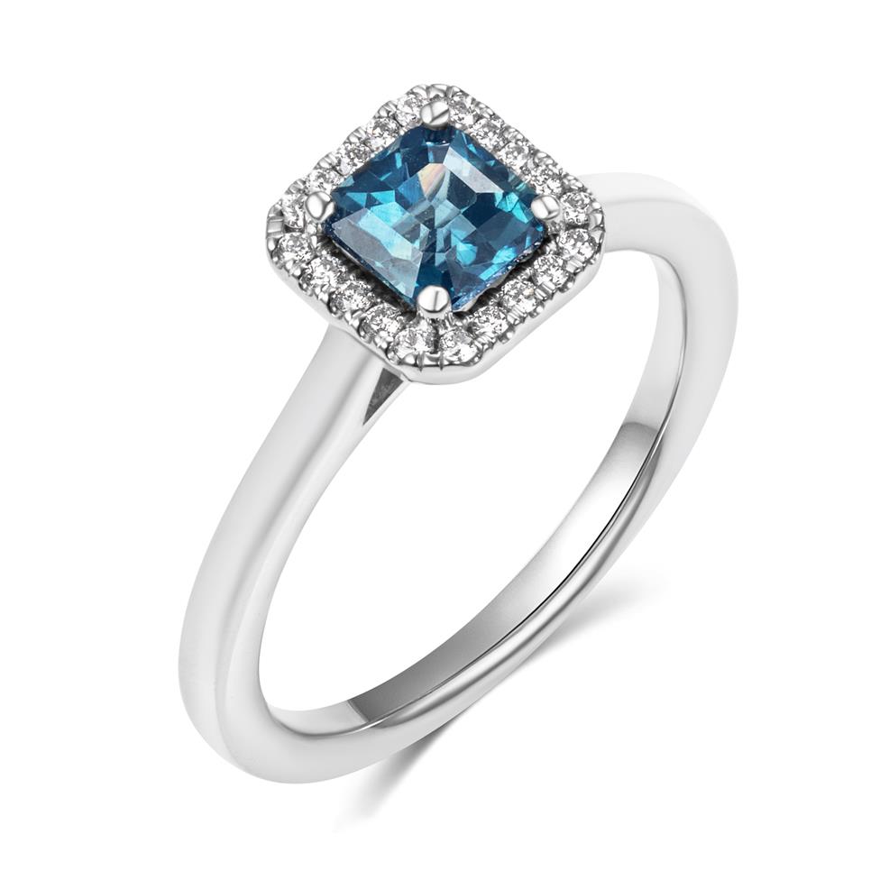 Platinum Asscher Cut Teal Sapphire and Diamond Halo Ring Thumbnail Image 0