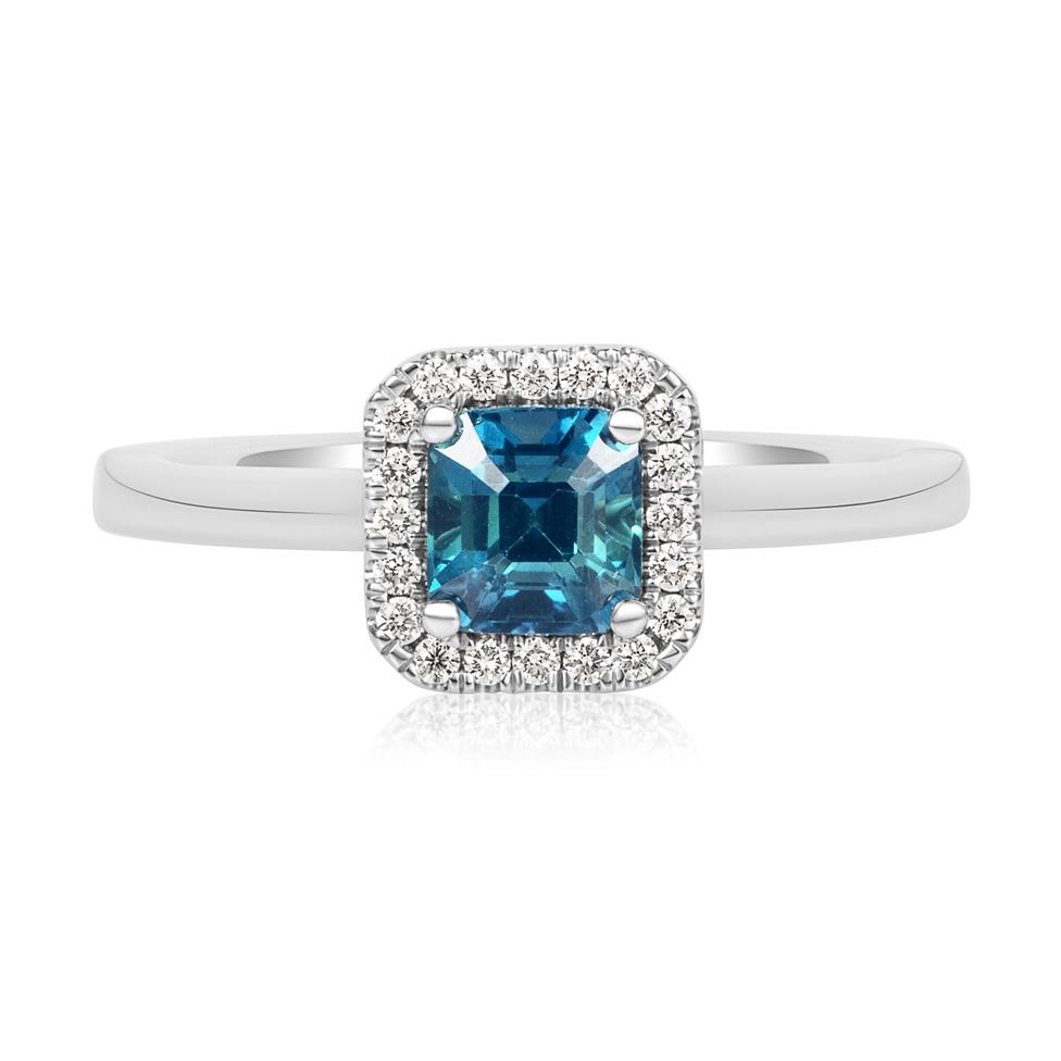 Platinum Asscher Cut Teal Sapphire and Diamond Halo Ring Thumbnail Image 2