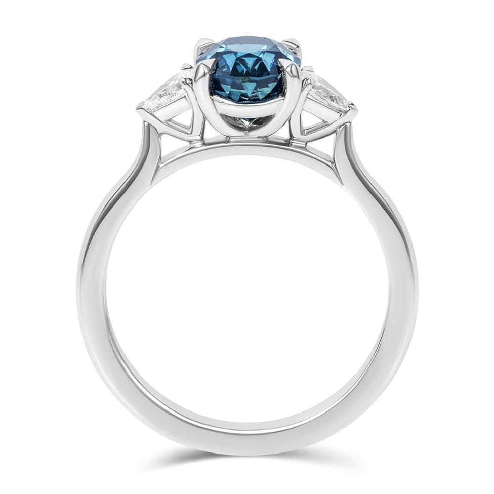 Platinum Oval Teal Sapphire and Diamond Three Stone Ring Thumbnail Image 3