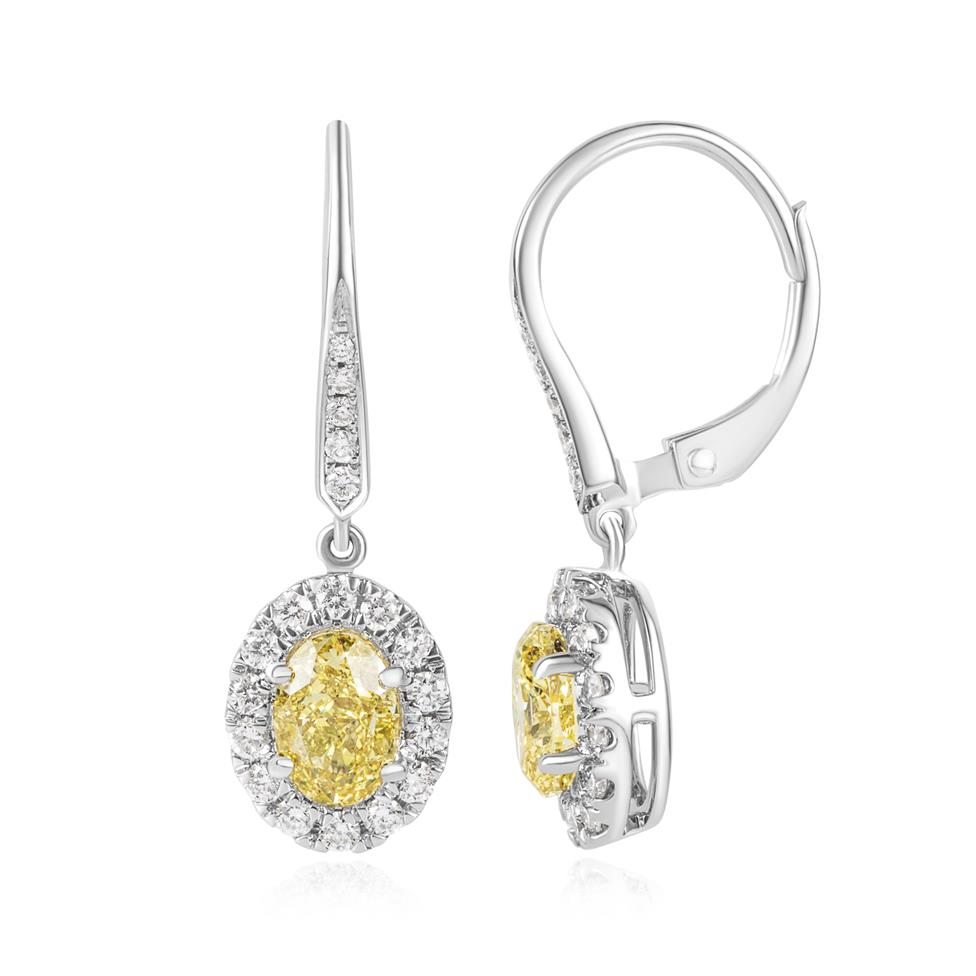 18ct White Gold Fancy Intense Yellow Oval Diamond Drop Earrings Thumbnail Image 0
