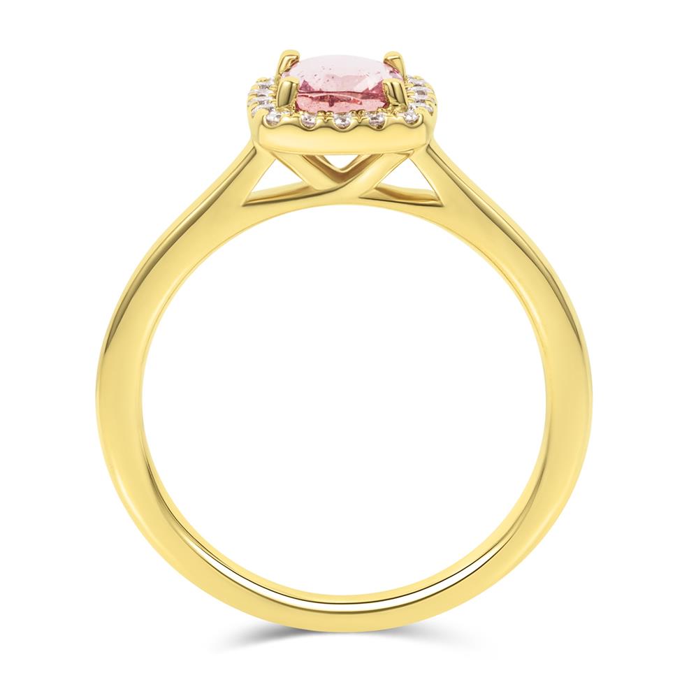 18ct Yellow Gold Cushion Padparadscha Sapphire and Diamond Halo Ring Thumbnail Image 2