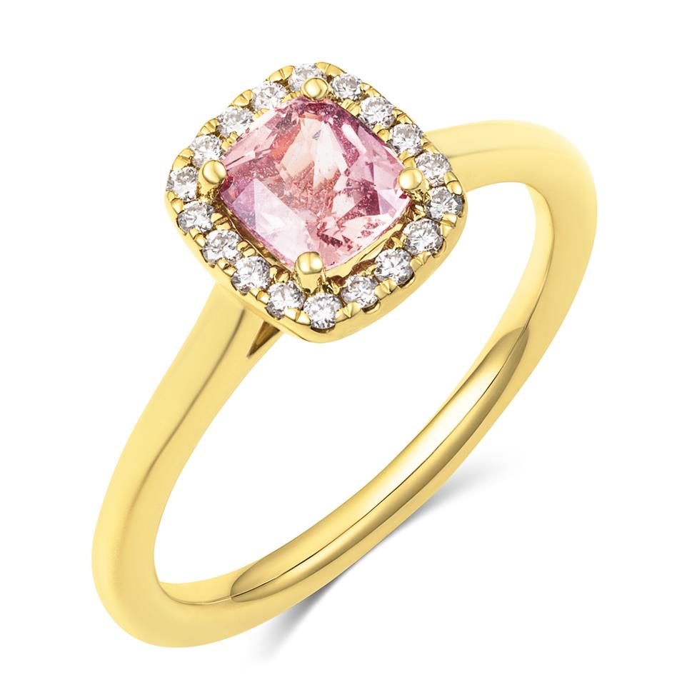18ct Yellow Gold Cushion Padparadscha Sapphire and Diamond Halo Ring Thumbnail Image 0