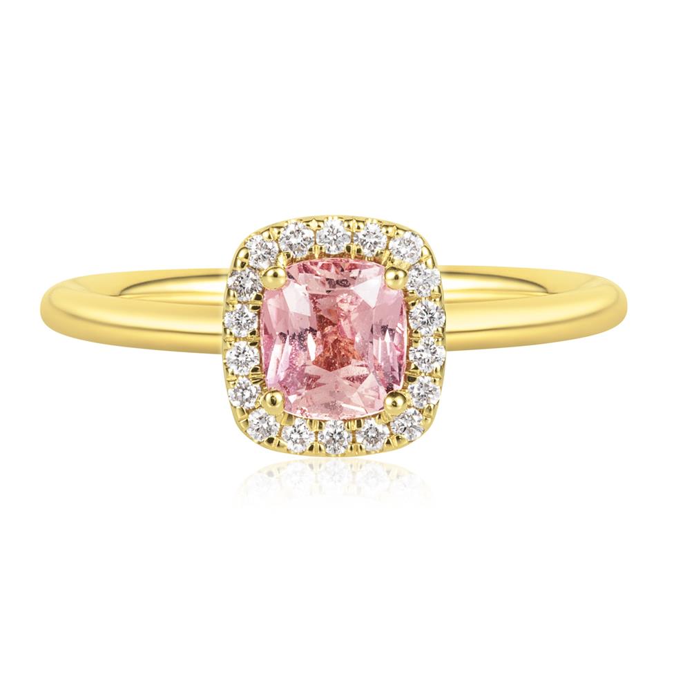 18ct Yellow Gold Cushion Padparadscha Sapphire and Diamond Halo Ring Thumbnail Image 1