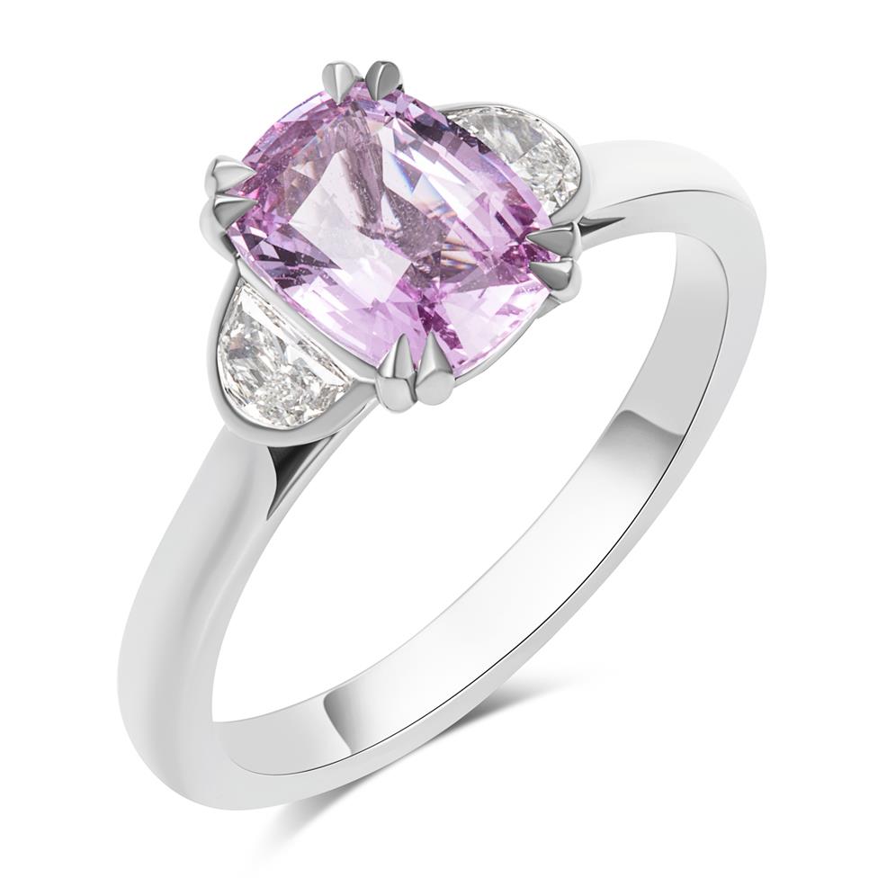 Platinum Cushion Cut PinkSapphire and Diamond Three Stone Ring Thumbnail Image 0
