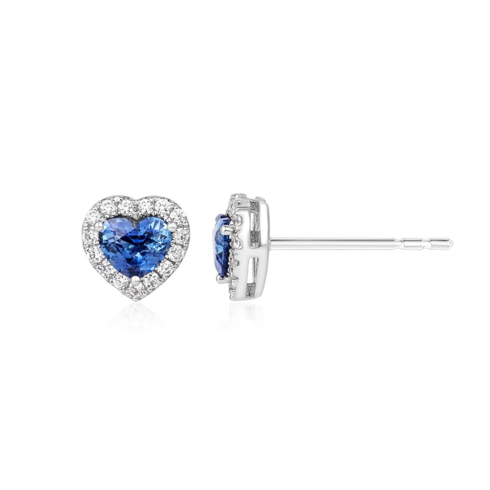 Camellia White Gold Sapphire Halo Heart Earrings Thumbnail Image 0