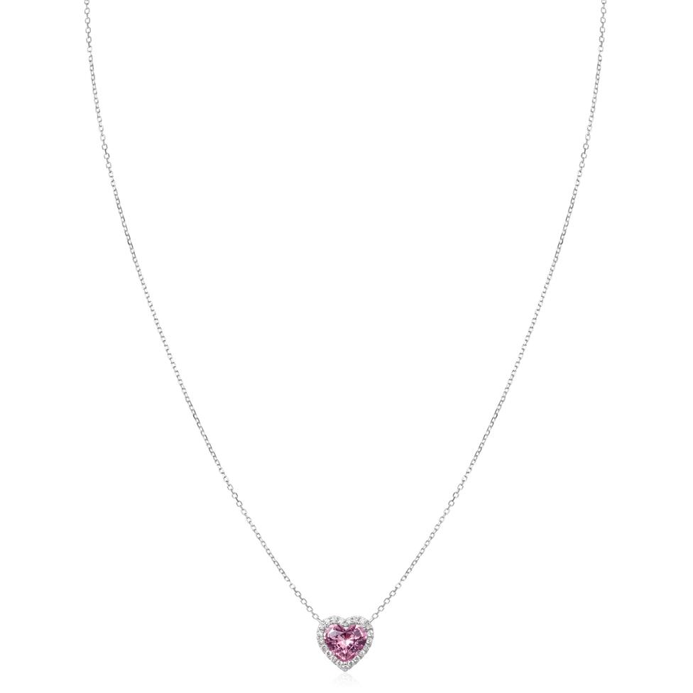 Camellia White Gold Pink Spinel Halo Heart Necklace Thumbnail Image 1