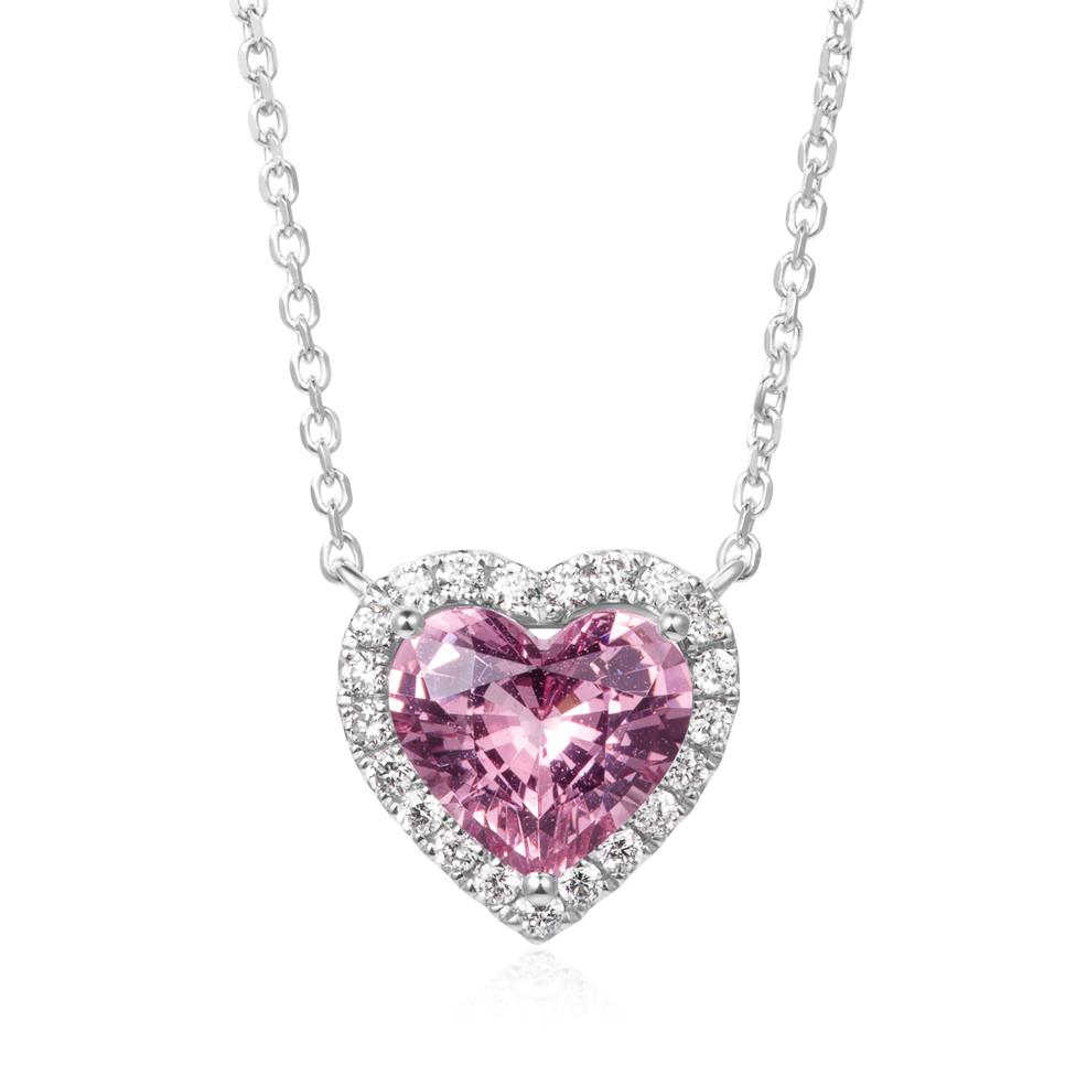Camellia White Gold Pink Spinel Halo Heart Necklace Thumbnail Image 0