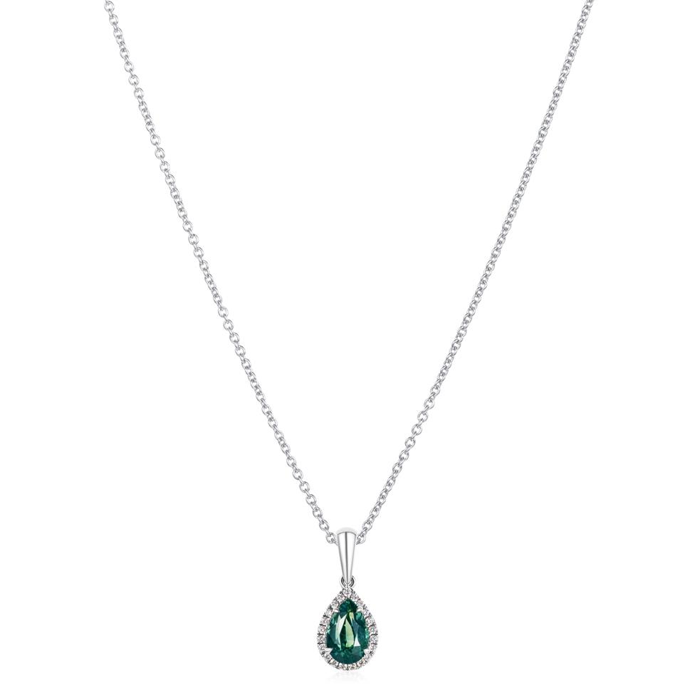 Camellia 18ct White Gold Pear Teal Sapphire and Diamond Pendant Thumbnail Image 1
