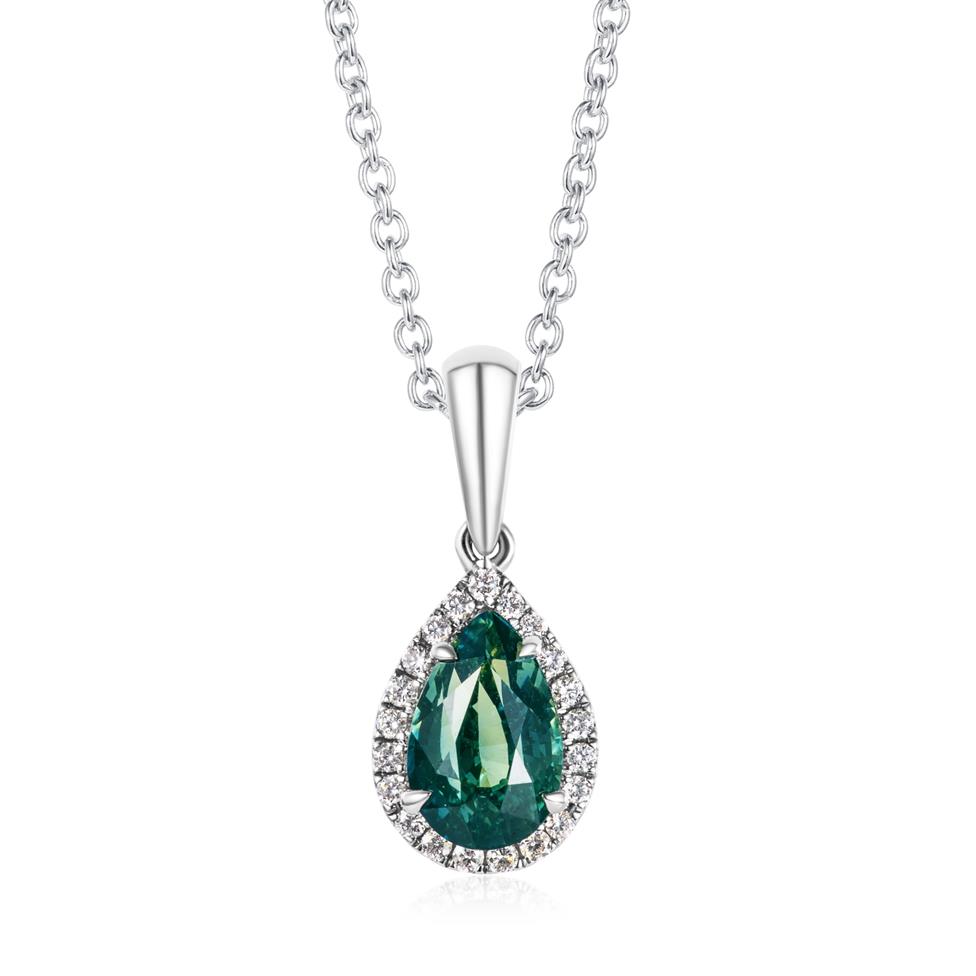 Camellia 18ct White Gold Pear Teal Sapphire and Diamond Pendant Thumbnail Image 0
