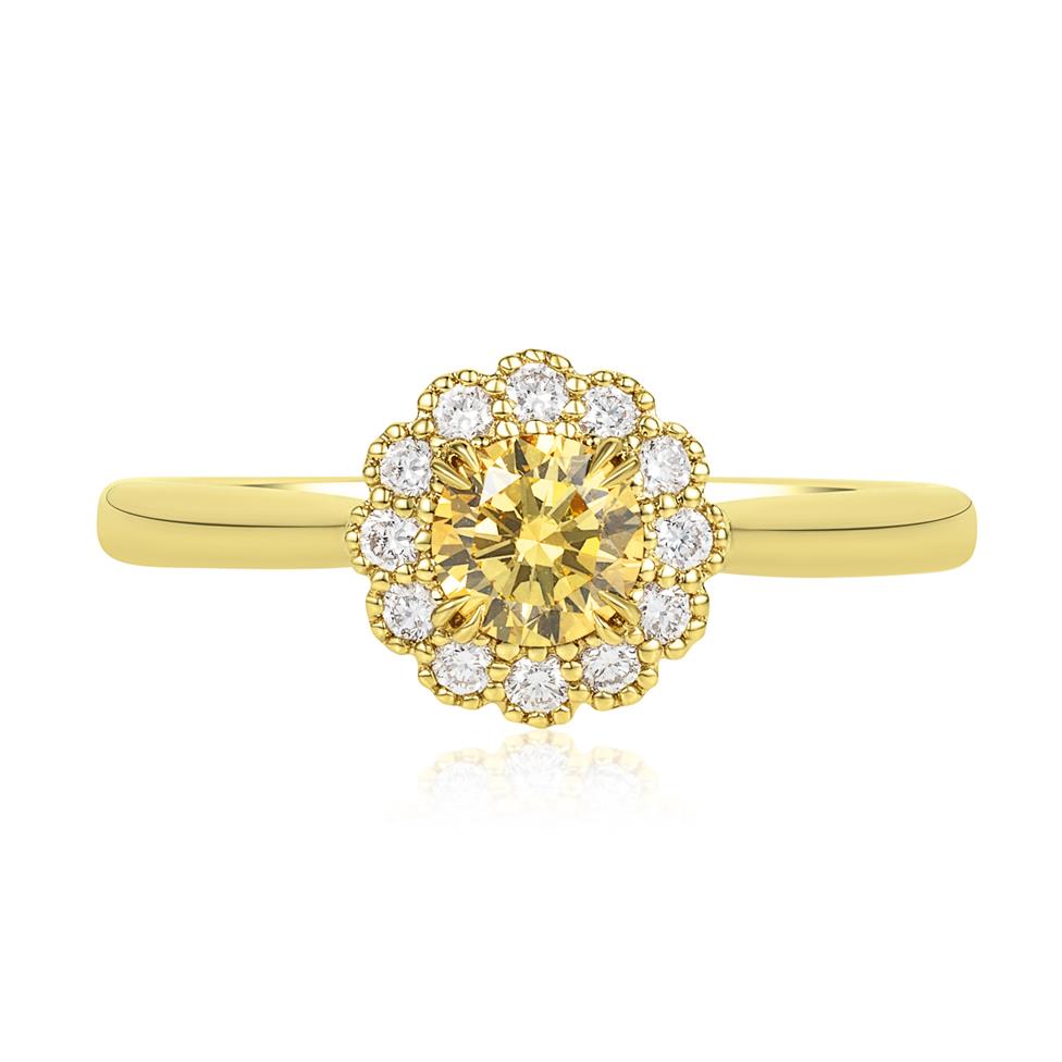 18ct Yellow Gold Round Fancy Colour Diamond Halo Ring Thumbnail Image 1