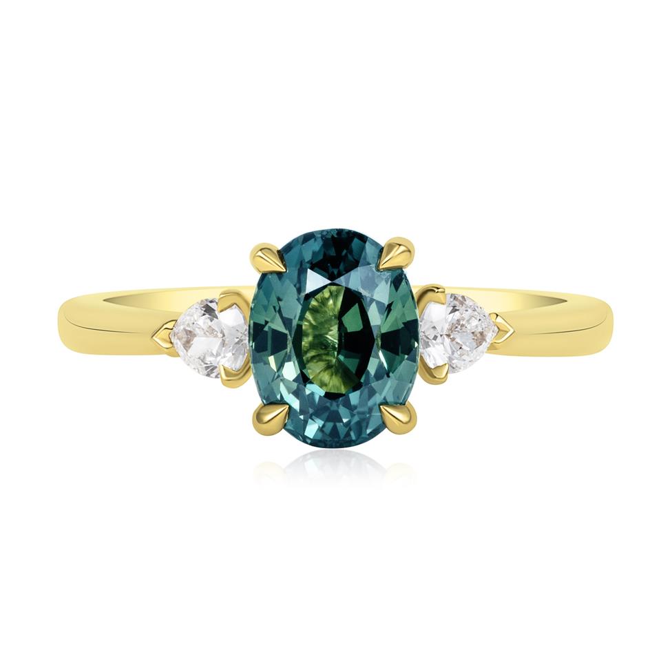 18ct Yellow Gold Oval Bi-Colour Sapphire and Diamond Three Stone Ring Thumbnail Image 1
