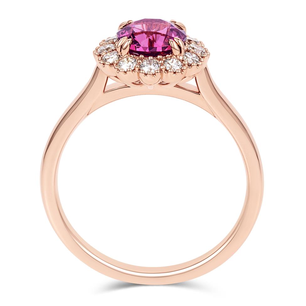 18ct Rose Gold Round Rhodolite Garnet and Diamond Halo Ring Thumbnail Image 2