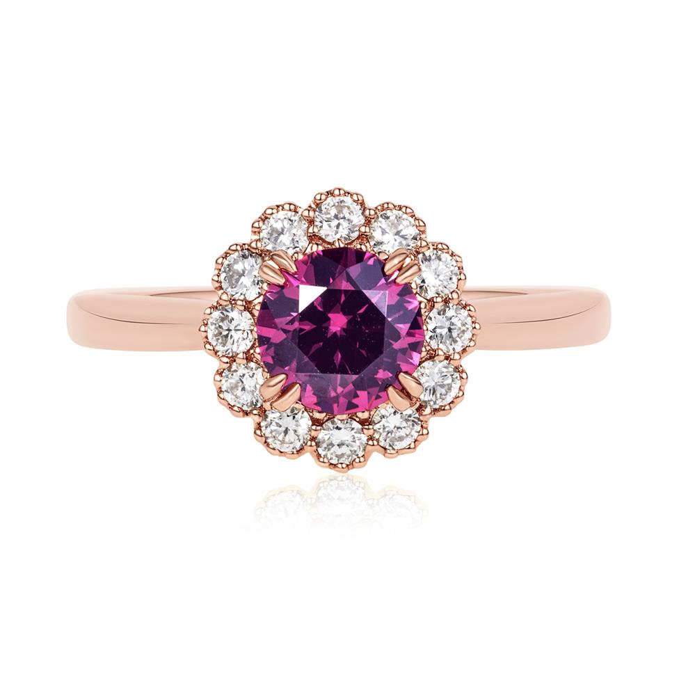18ct Rose Gold Round Rhodolite Garnet and Diamond Halo Ring Thumbnail Image 1