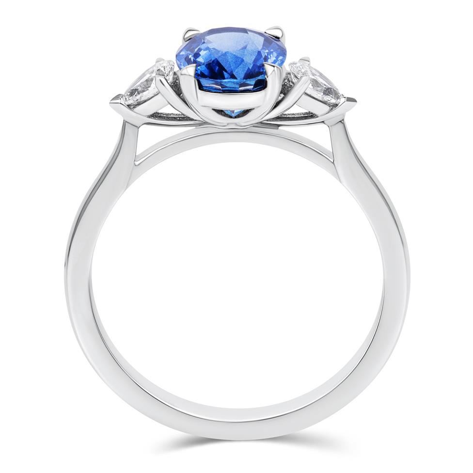 Platinum Oval Blue Sapphire and Diamond Three Stone Ring Thumbnail Image 2