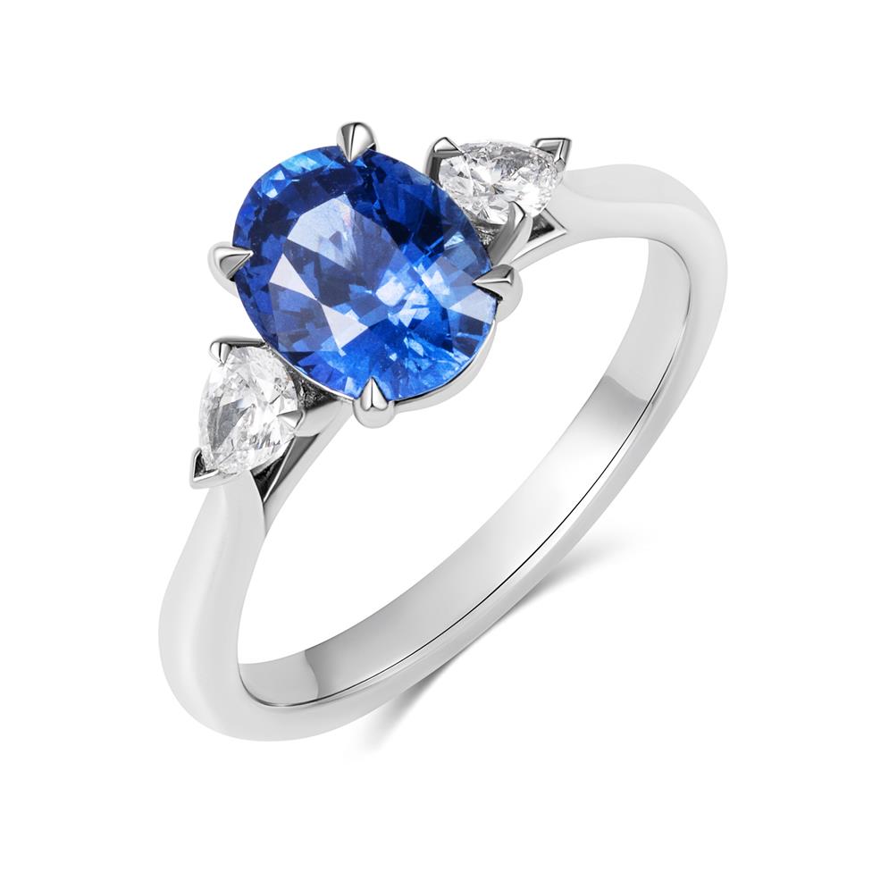 Platinum Oval Blue Sapphire and Diamond Three Stone Ring Thumbnail Image 0