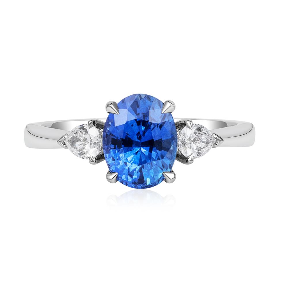 Platinum Oval Blue Sapphire and Diamond Three Stone Ring Thumbnail Image 1
