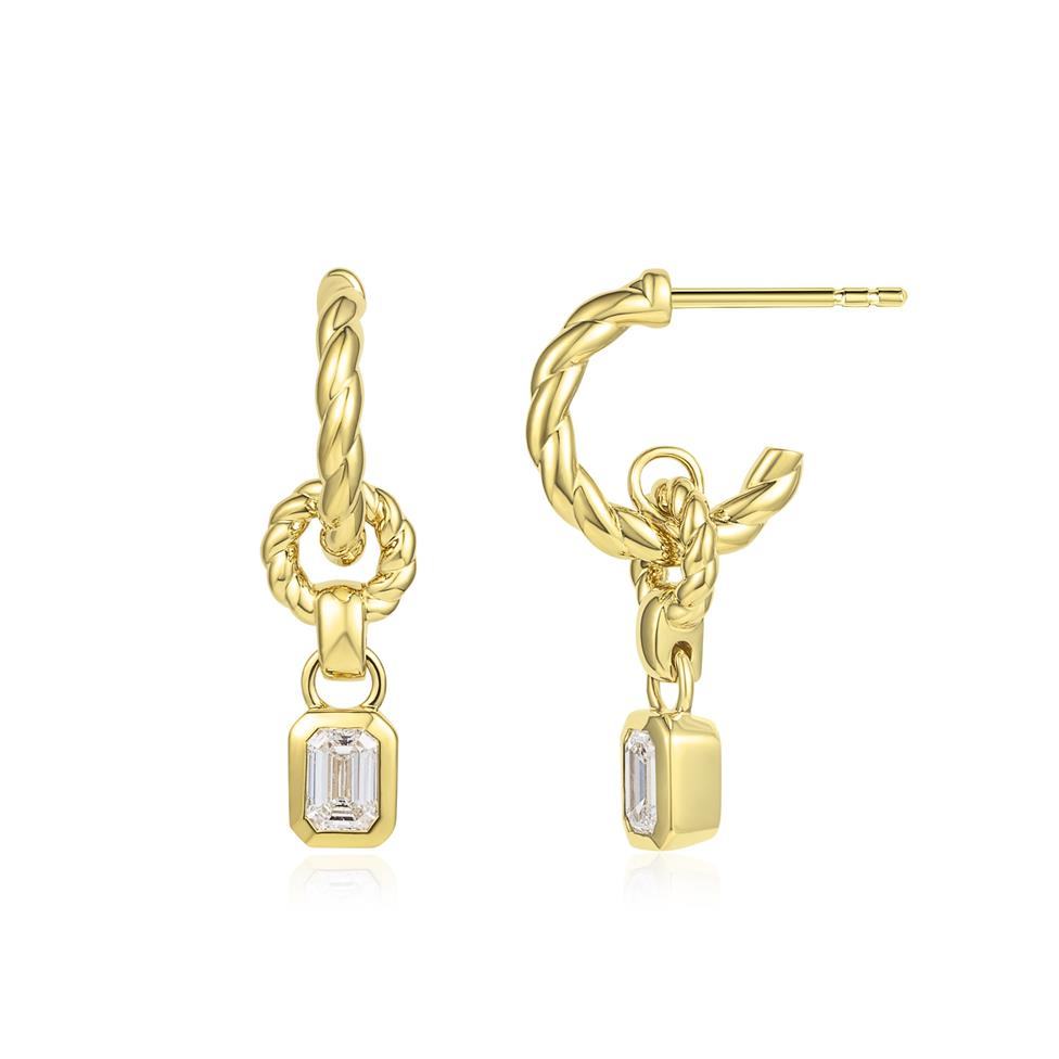 18ct Yellow Gold Emerald Cut Diamond Rope Hoop Earrings Thumbnail Image 0