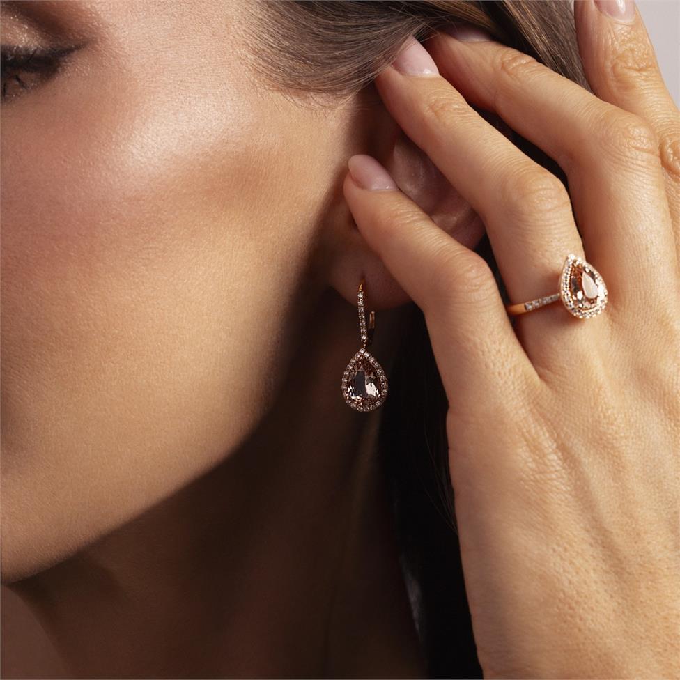 Ortensia 18ct Rose Gold Pear Shape Morganite and Diamond Halo Dress Ring Thumbnail Image 1