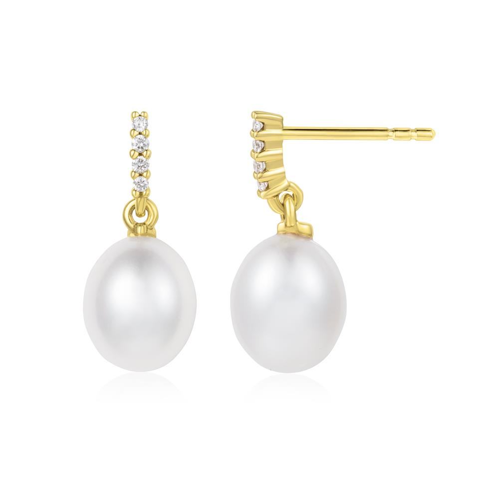 18ct Yellow Gold Freshwater Pearl and Diamond Earrings Thumbnail Image 0