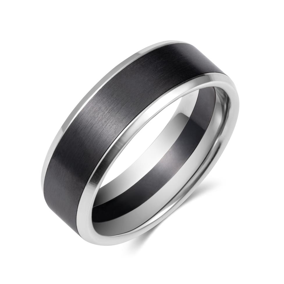 Platinum and Black Zirconium Centre Bevelled Wedding Ring Thumbnail Image 0