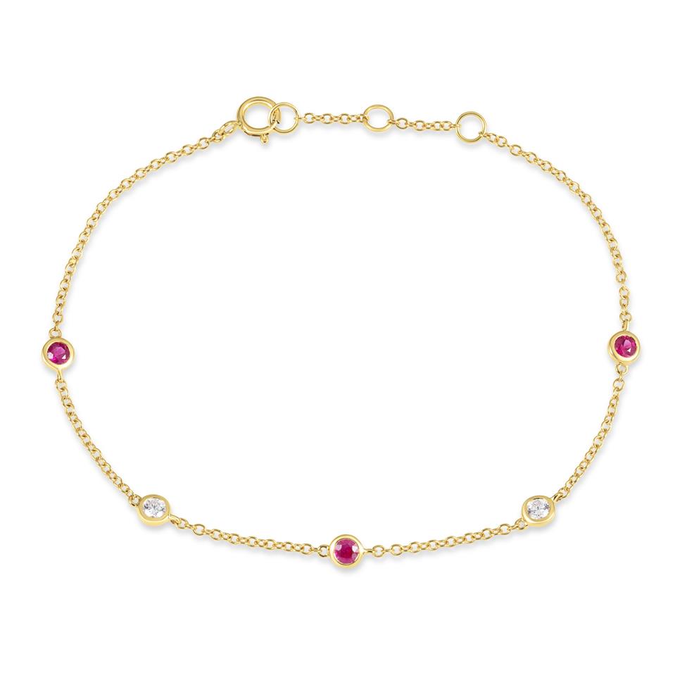 18ct Yellow Gold Ruby and Diamond Bezel Set Station Bracelet Thumbnail Image 0