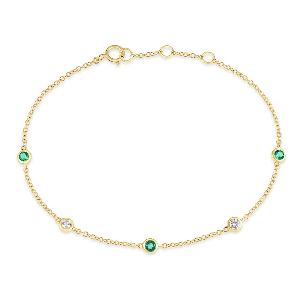 18ct Yellow Gold Emerald and Diamond Bezel Set Station Bracelet Thumbnail Image 0