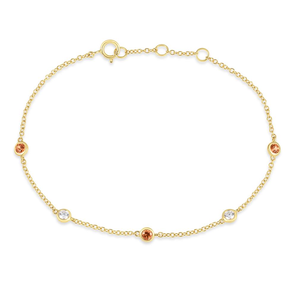 18ct Yellow Gold Orange Sapphire and Diamond Bezel Set Station Bracelet Thumbnail Image 0