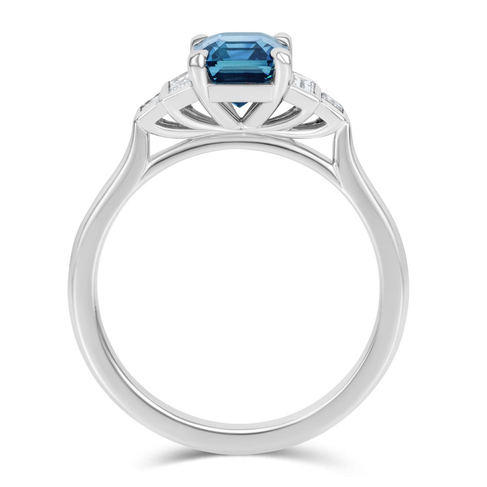 Platinum Emerald Cut Teal Sapphire and Diamond Five Stone Ring Thumbnail Image 2