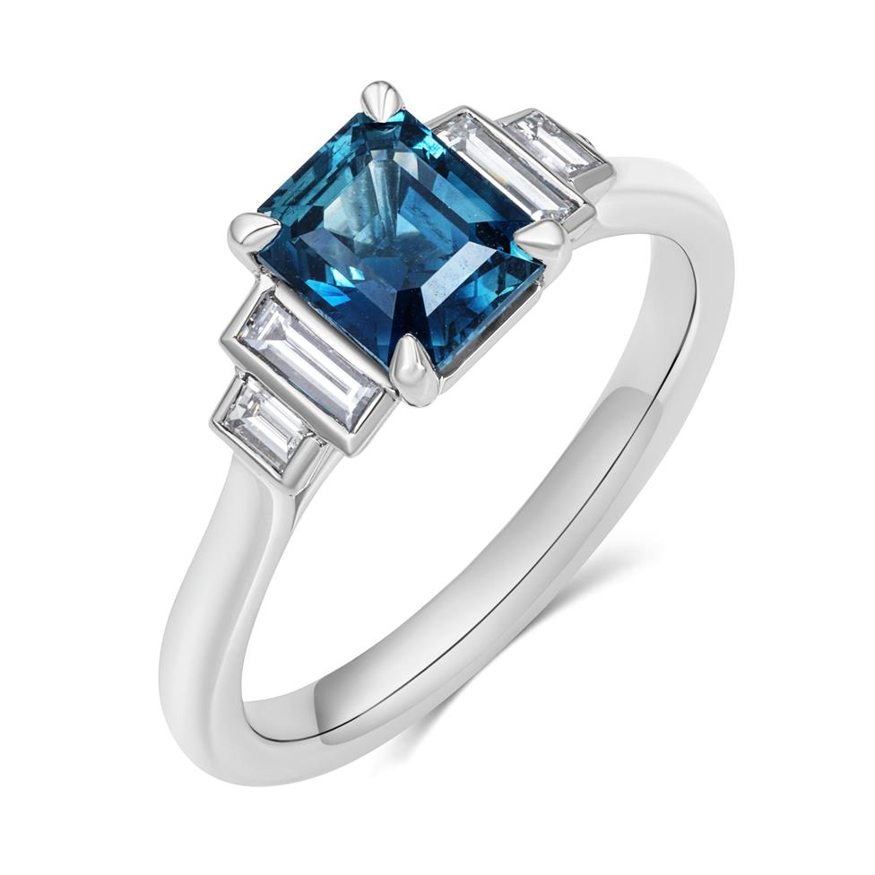 Platinum Emerald Cut Teal Sapphire and Diamond Five Stone Ring Thumbnail Image 0
