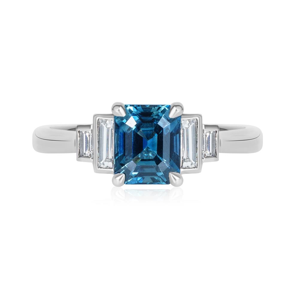 Platinum Emerald Cut Teal Sapphire and Diamond Five Stone Ring Thumbnail Image 1