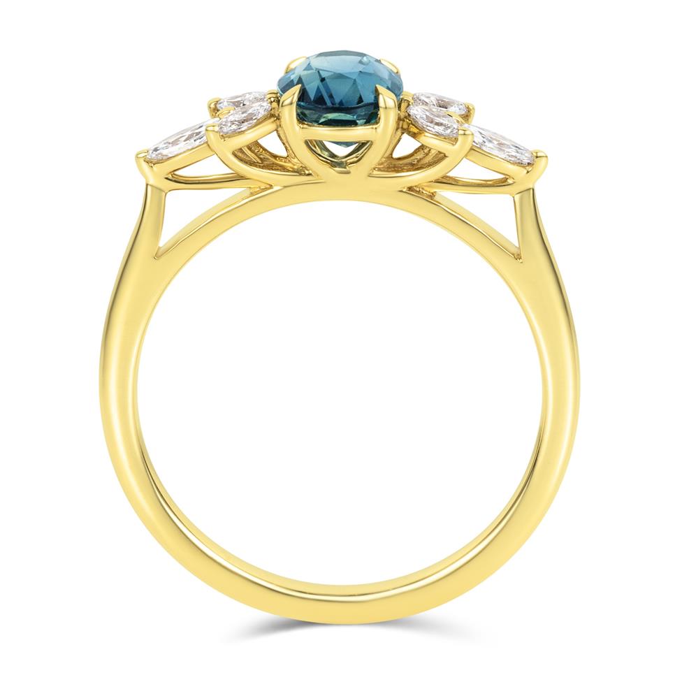 18ct Yellow Gold Oval Teal Sapphire and Marquise Diamond Engagement Ring Thumbnail Image 3