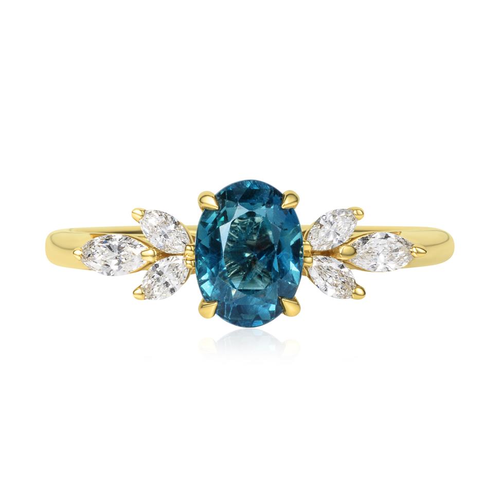 18ct Yellow Gold Oval Teal Sapphire and Marquise Diamond Engagement Ring Thumbnail Image 2
