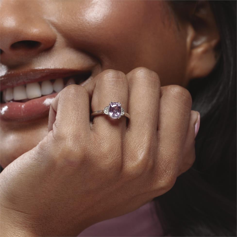 Platinum Cushion Cut PinkSapphire and Diamond Three Stone Ring Thumbnail Image 1